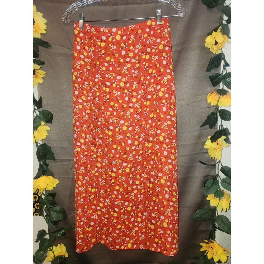 GOOD LUCK GEM Floral Midi Maxi Skirt Size M Orange Yellow Ditsy Slit High Rise